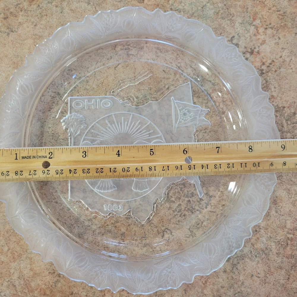 Ohio Souvenir Glass Plate ~ Frosted Floral Rim ~ Ohio Seal, Bird, Flag ~ FINAL!
